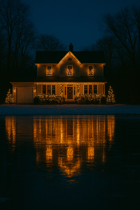 A lake home at dusk is illuminated by holiday lighting and reflects off of a still lake